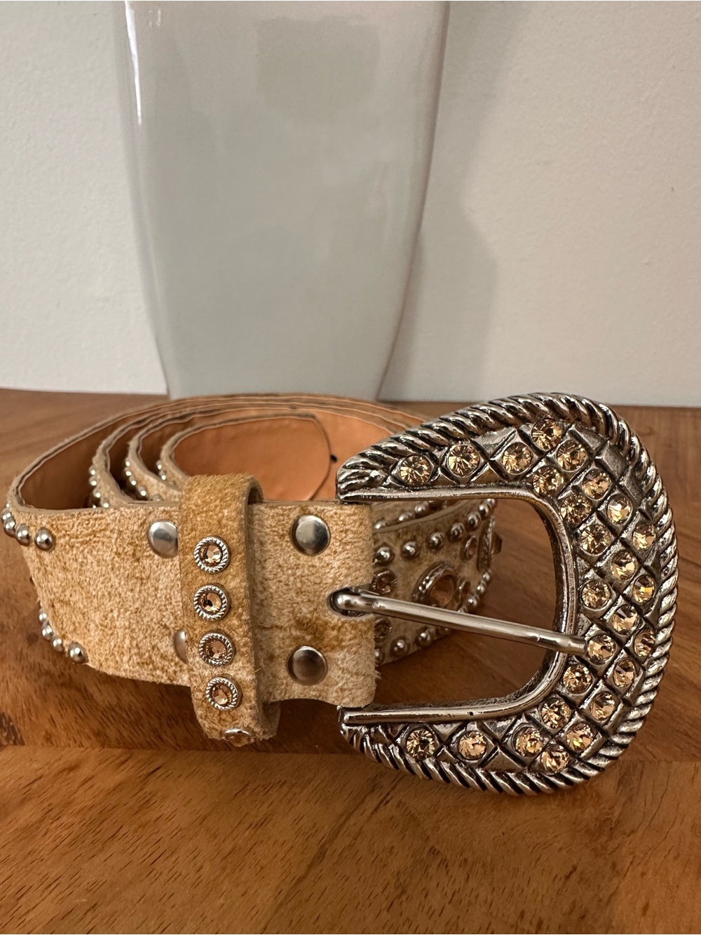 Leatherock Tan Suede Studded Belt Rhinestone Silver Buckle SZ XL 38 Western Boho